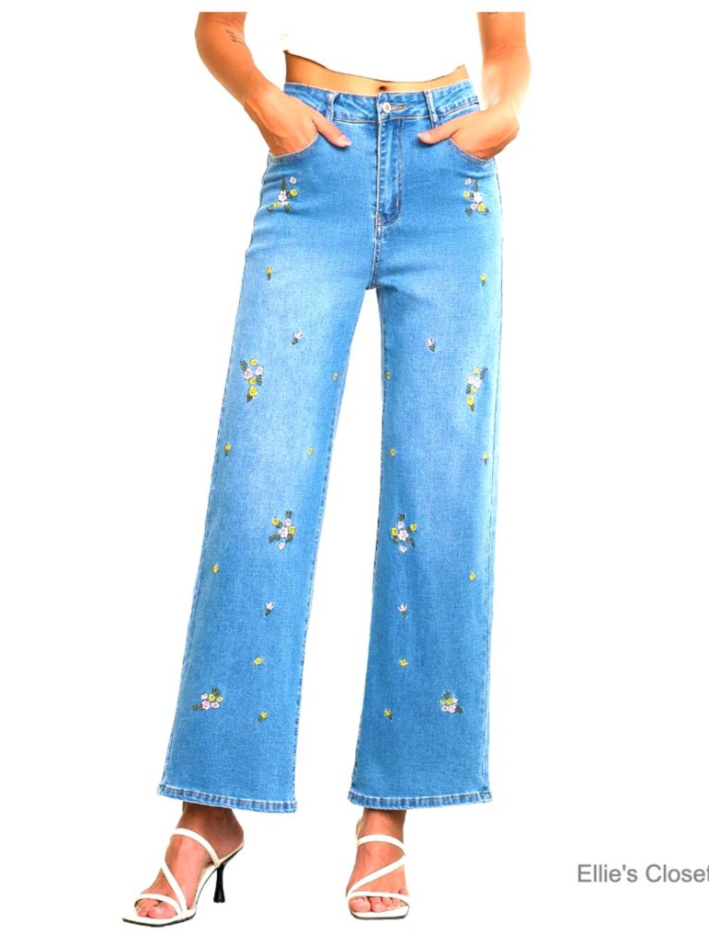 High Waisted Straight Leg Embroidered Jeans Stretchy Wide Leg Denim Pants